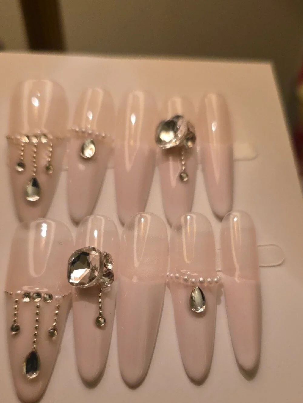 Elegant Nude Press-On Nails with Crystal Accents Size Large